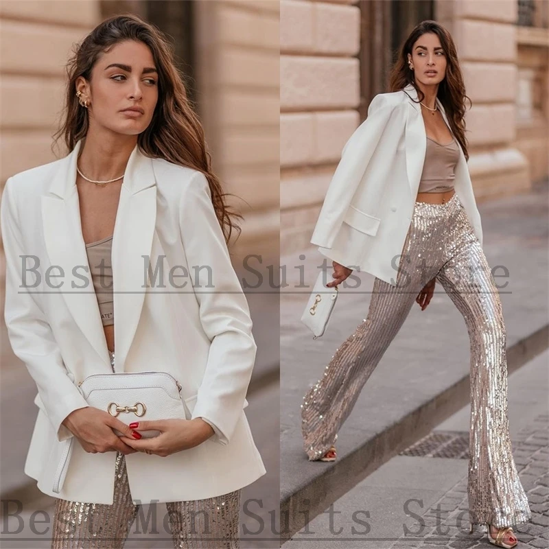 

Glitter Sequins Women Suits Set 2 Pcs Blazer+Silver Flare Pants Party Jacket Streetwear Prom Dress Женский костюм Custom Made
