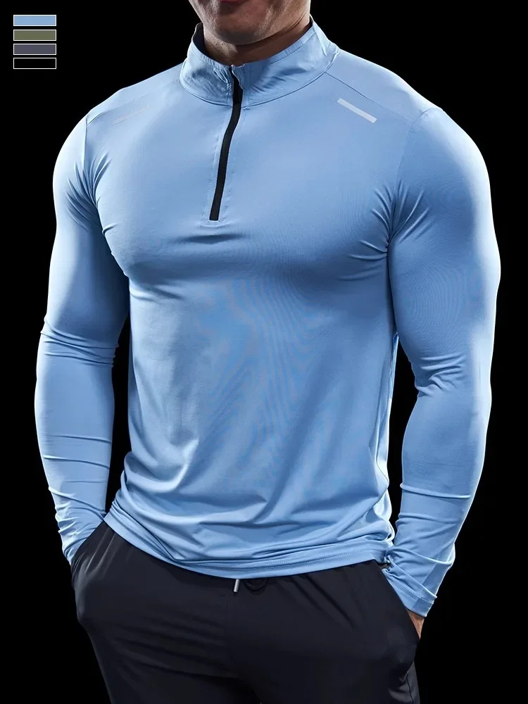 Men Stand Collar Zipper T-shirt Gym Running Training Fitness Bodybuilding Sport Top Quality Elastic Long Sleeve Tight Tops Tees 5