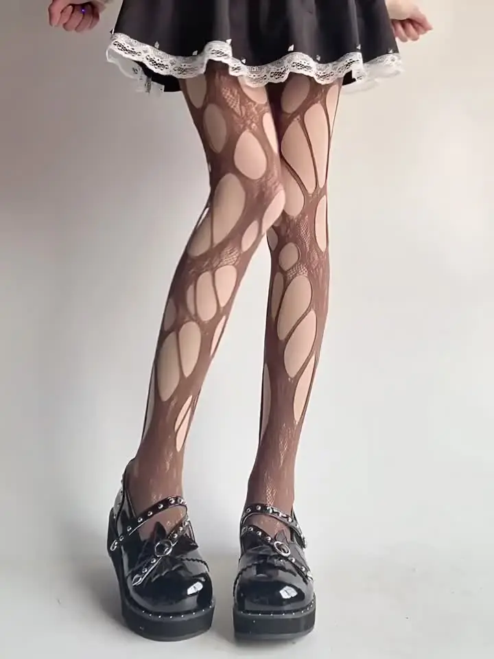 Collant a rete strappati neri sexy da donna punk gotico scava