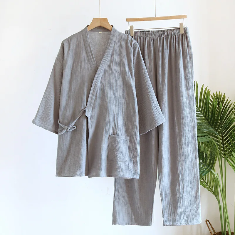 Kimono Robes Large Size with Pocket and Long Pants 2 Pcs Pajamas Set for Men Sleepwear Clothes Cotton Pjamas for Men pajama sets