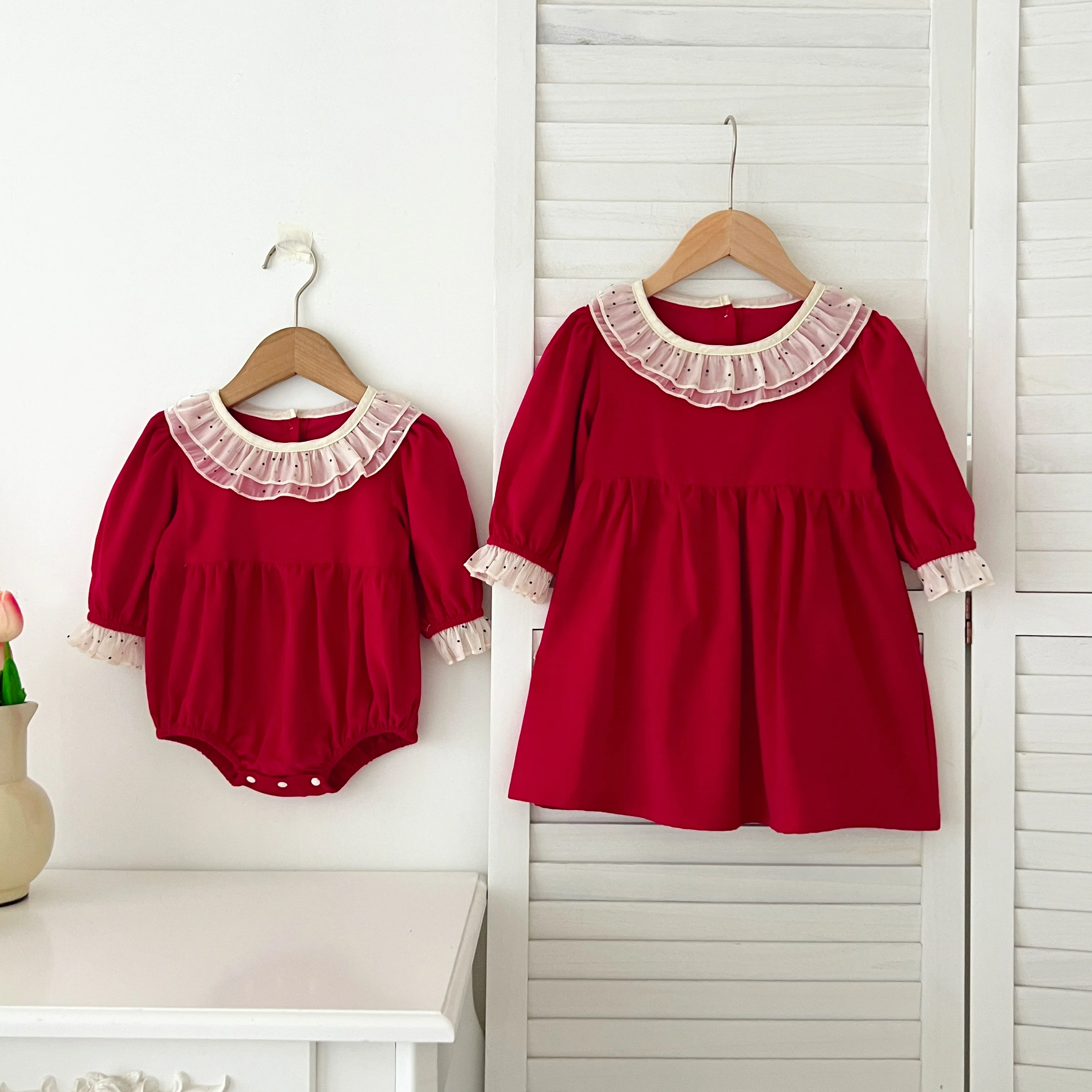 Weihnachten Baby Mädchen Kleidung Kleinkind Baby Strampler Prinzessin Kleid Herbst Spitze Kragen Rot Mädchen Kleid Weihnachten Schwester Kleidung – Detail 16