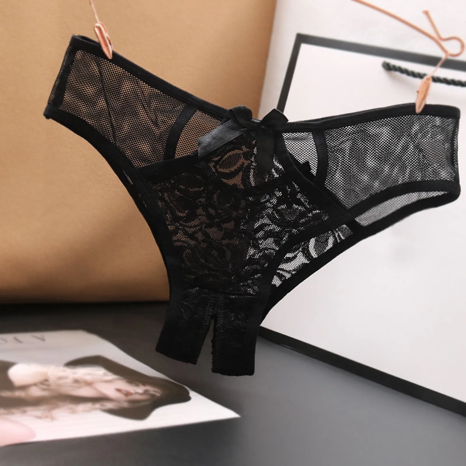Low Womens Briefs Underpants Open Crotch Lace Underwear Waist Panties Transparent G-Strings Thongs Solid Bowknot Lace Underwear women lingerie