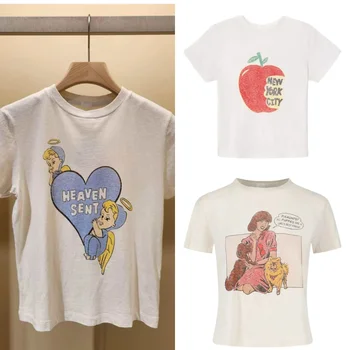 Cotton Women Summer New 2026 Tshirt Short Sleeve O-Neck Cartoon Character Print Ladies All-Match Tee Tops 1