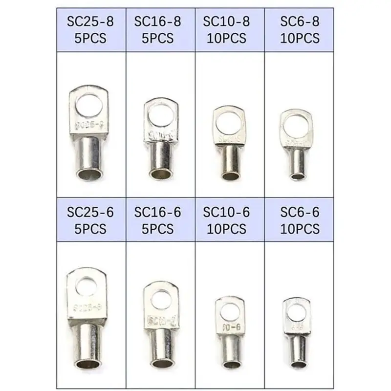 60PCS SC6-25 Series Round Cold Crimp Terminal Connectors Copper Nose Wire Connectors Silver