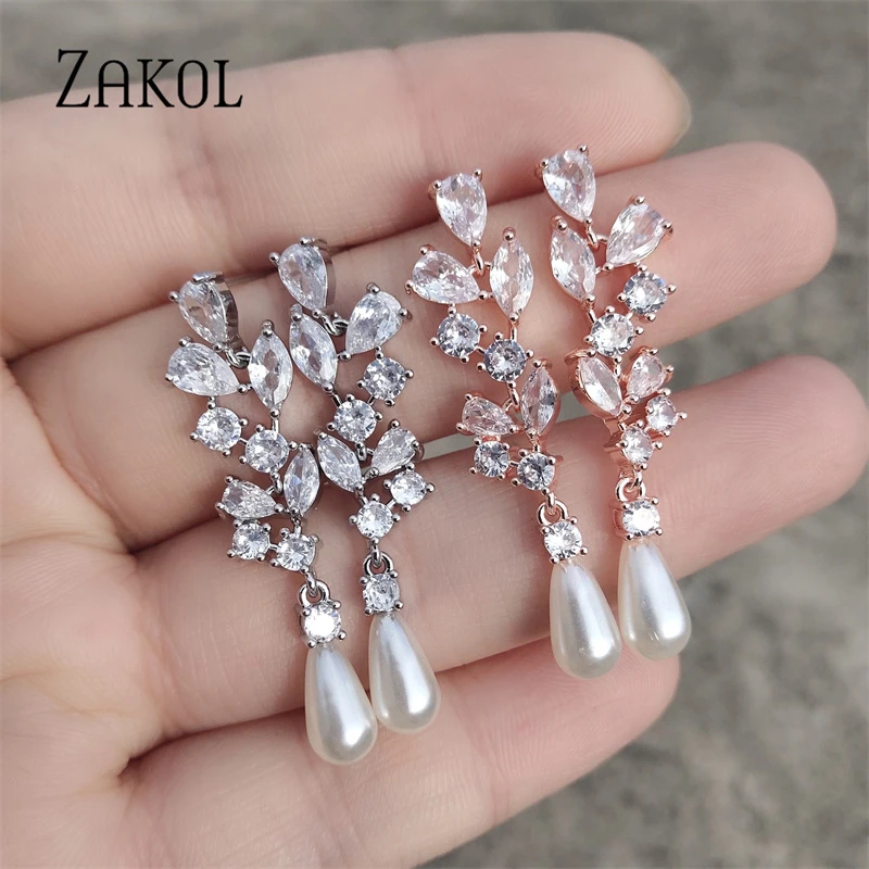 ZAKOL largos de hoja de Zirconia cúbica para novia, colgantes de lujo brillantes, perlas de imitación, joyería de boda, EP1135| | AliExpress
