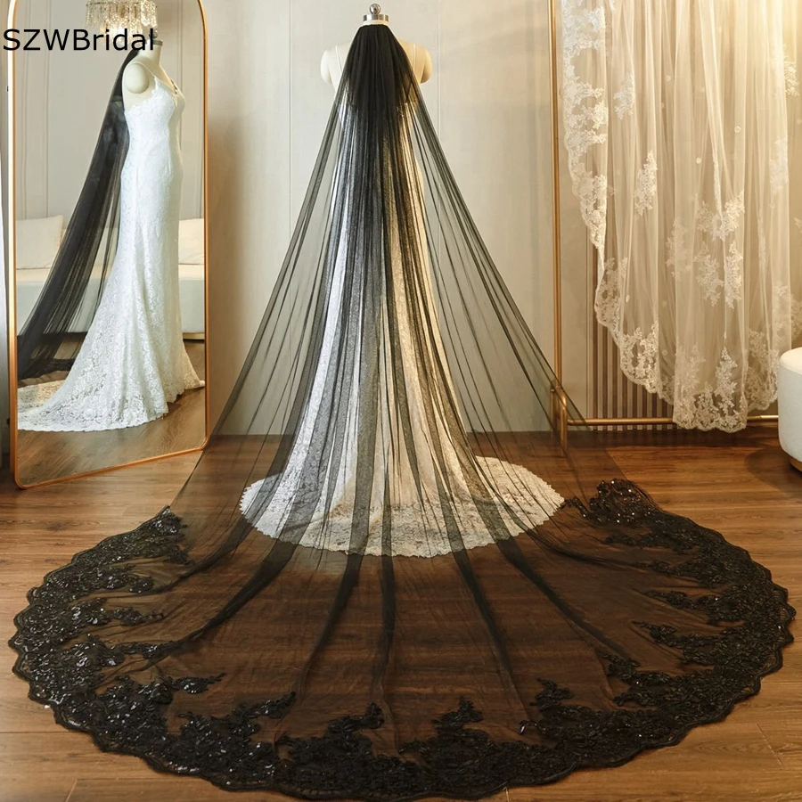 

Hot sale Bridal veils Lace Appliques casamento Cathedral Wedding veil velo de novia Bride Black Veils wedding accessories