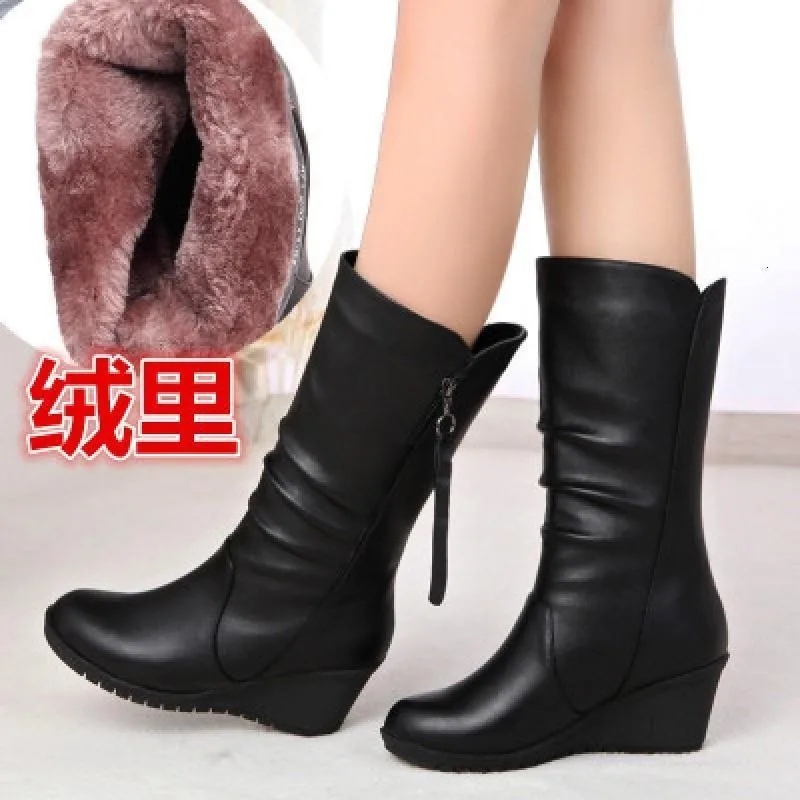 2023 Thick-soled Boots Autumn Women's Wedges Warms Shoes Leather Casual High Heels Fashion Plus Size Non-slip Boots for Women