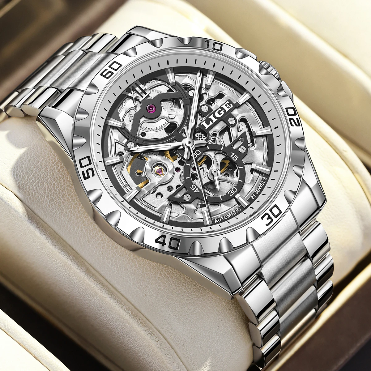 LIGE Fashion Mechanical Watches For Men Stainless Steel Business Date Display Waterproof Automatic Men Watch Relogios Masculino