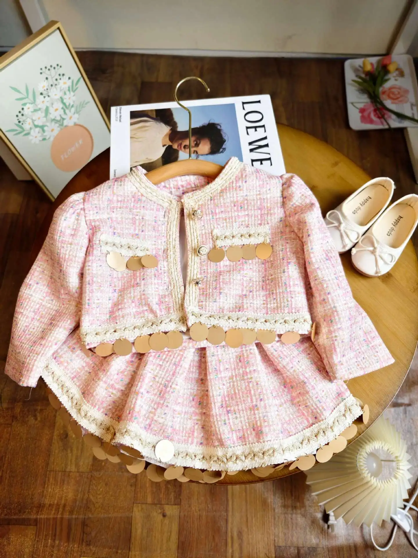 

New Girl's Autumn And Winter Children Clothing Set With Lace Decoration Sequin Top Jacket+ Fluffy Skirt 2Pcs Fashion Kids Outfit