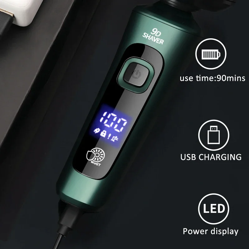 Electric Shaver Green Smart LCD Digital Display Three-head Floating Razor USB Rechargeable Washing Multi-function Beard Knife