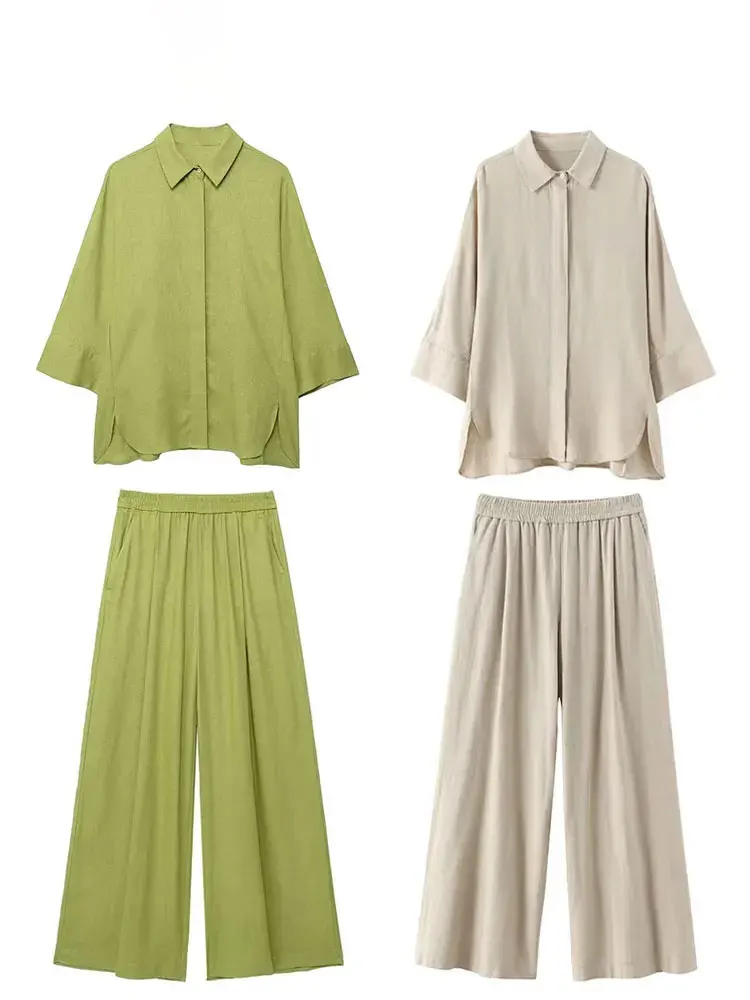 HH 2024 Women Solid Pant Sets Casual Blouse Long Sleeve Shirts Elastic Waist Trousers Female Fashion Streetwear Outfit