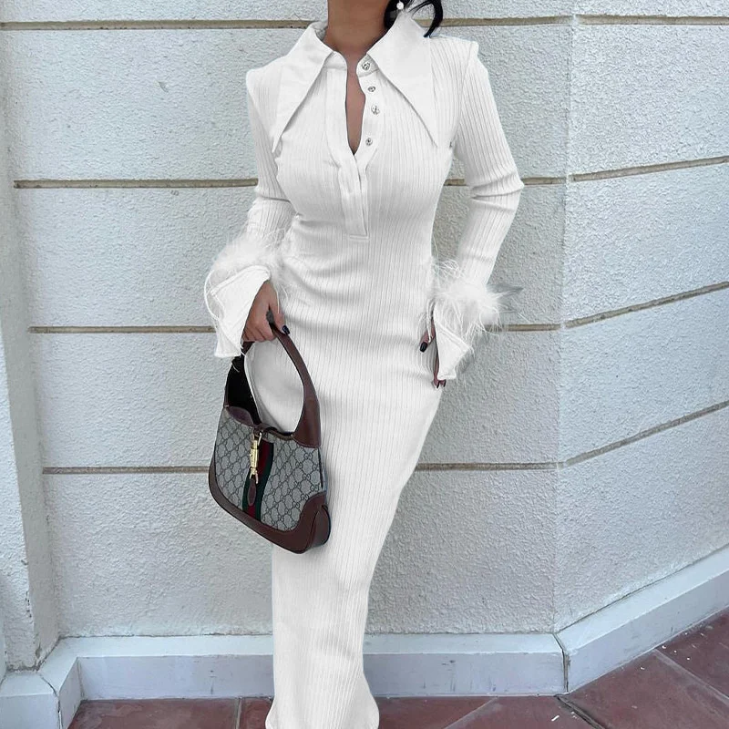 Autumn & Winter New Women's Fashion Polo Neck Feather Long Pit Stripe Dress Elegant & Beautiful Party Evening Dress