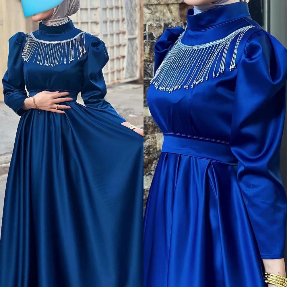 Jiayigong  Satin Tassel Ruched Beach A-line High Collar Bespoke Occasion Gown Long Dresses Saudi Arabia