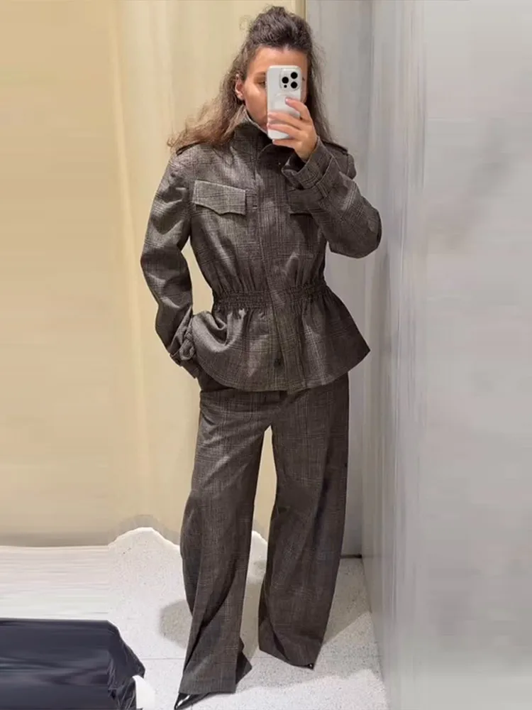 Rüschen Plaid Bomber Jacke Hosen Anzüge Frauen Elegante Revers Langarm Taille Cinching Mäntel Hohe Taille Hose Chic Damen Sets – Detail 25