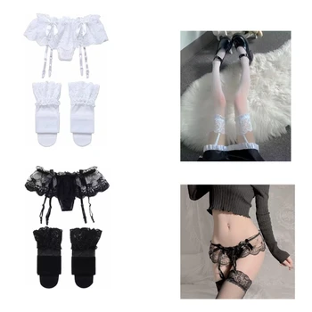 Set di Reggicalze e Calze in Pizzo alla Moda per Donne, Bretelle Jacquard, Slip con Fiocco in Raso, Minigonna, Calze a Rete, Lingerie