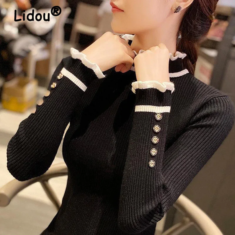 

Korean Elegant Chic Ruffled Button Basic Knitwear Women Autumn Winter Fashion Slim Long Sleeve Pullovers Knitted Sweater Jumpers