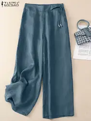 ZANZEA 2023 Autumn Pants Women Vintage Solid High Waist Palazzo Stylish Spring Wide Leg Trousers Loose Work Pantalon Oversize