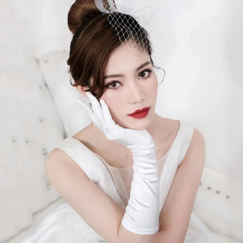 1 Pair Women's Evening Party Mittens 38cm Long Black/White Satin Finger Gloves1920s the Great Gatsby Flapper Opera Party Gloves