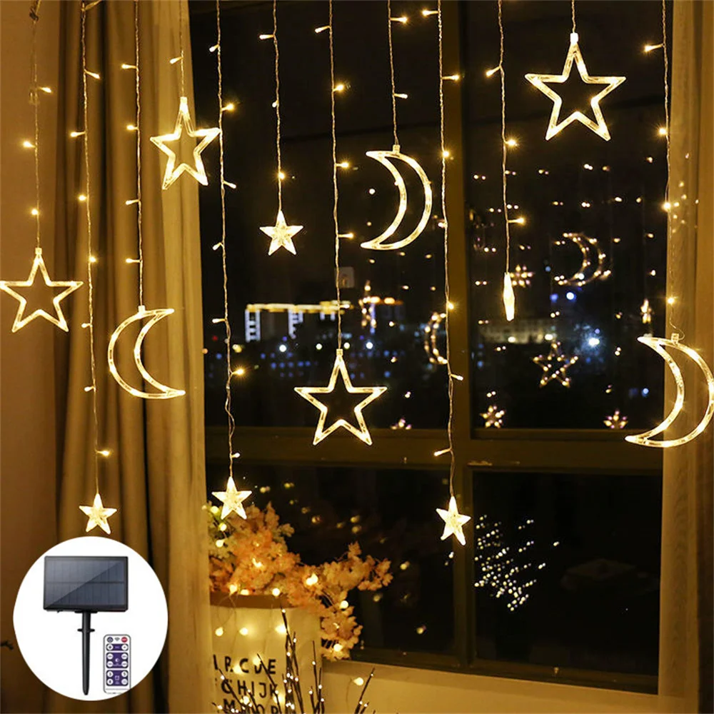 3.5M 138 Led Solar Moon Star Curtain Lights String Window Garland Ramadan Light for Party Garden Home Holiday Room Decoration 7 chakra stones tree of life hanging ornament tumbled gemstones crystal tassel fengshui window home decoration reiki meditation