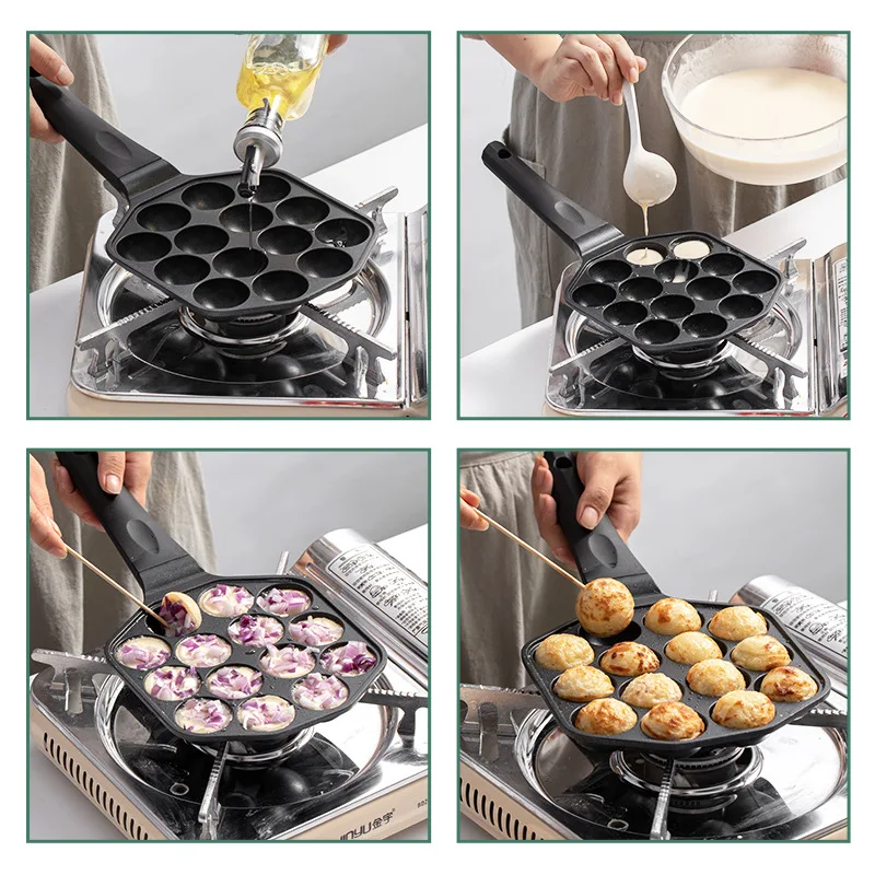 

Frying Pan Snack Pan Non-Stick Baking Pancake Octopus Ball Tool Cast Iron No Coating Easy Clean Pan Cooking 14 Holes Quail Egg