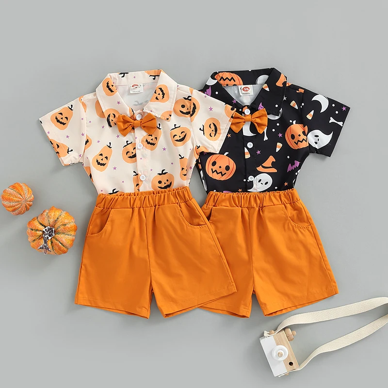

Fashion Kids Boys Halloween Shorts Set Short Sleeve Ghost Pumpkin Print Shirt + Elastic Waist Shorts + Bowtie 9 Months-5 Year