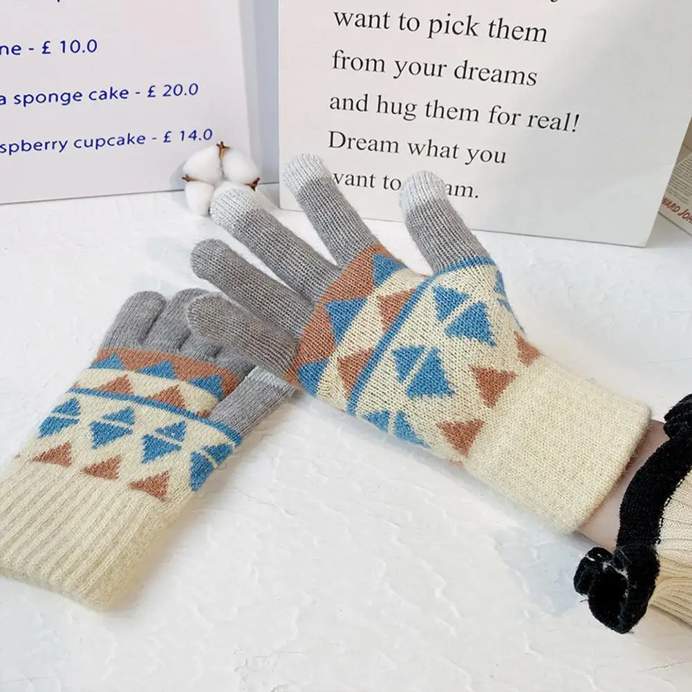 1 Pair Women Winter Gloves Windproof Soft Plush Touch Screen Knitted Gloves Thick Elastic Five Fingers Outdoor Cycling Glovess