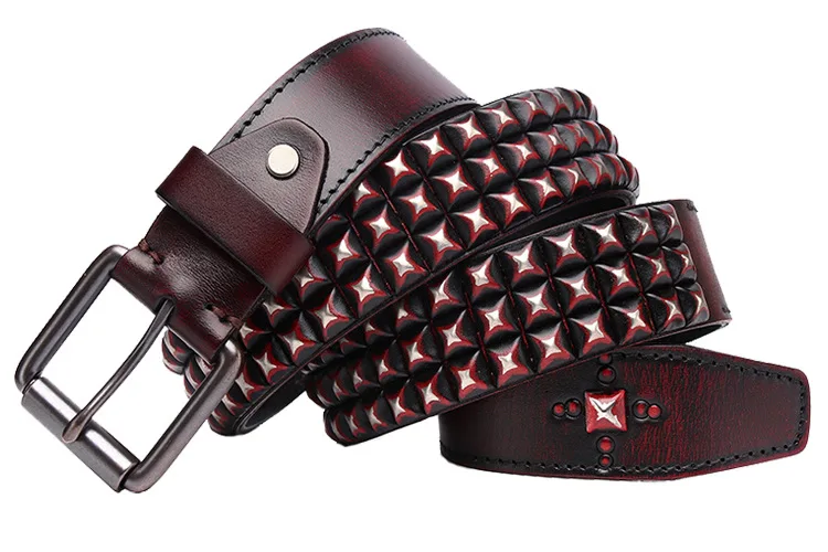 Männer Mode Echt leder Nieten Gürtel Vintage Pin Schnalle Gürtel Punk Rock Kleid Strapon schwarz rot Marke Designer Bund – Detail 4