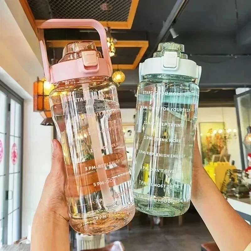 Large Capacity Sports Water Bottle with Straw and Time Marker