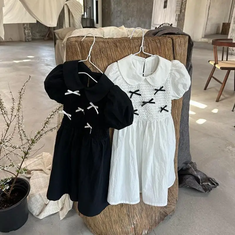 

2024 Summer New Girls Cute Bow Solid Princess Dress Puff Sleeve Kids Peter Pan Collar Dress Cotton Toddler Children Clothes
