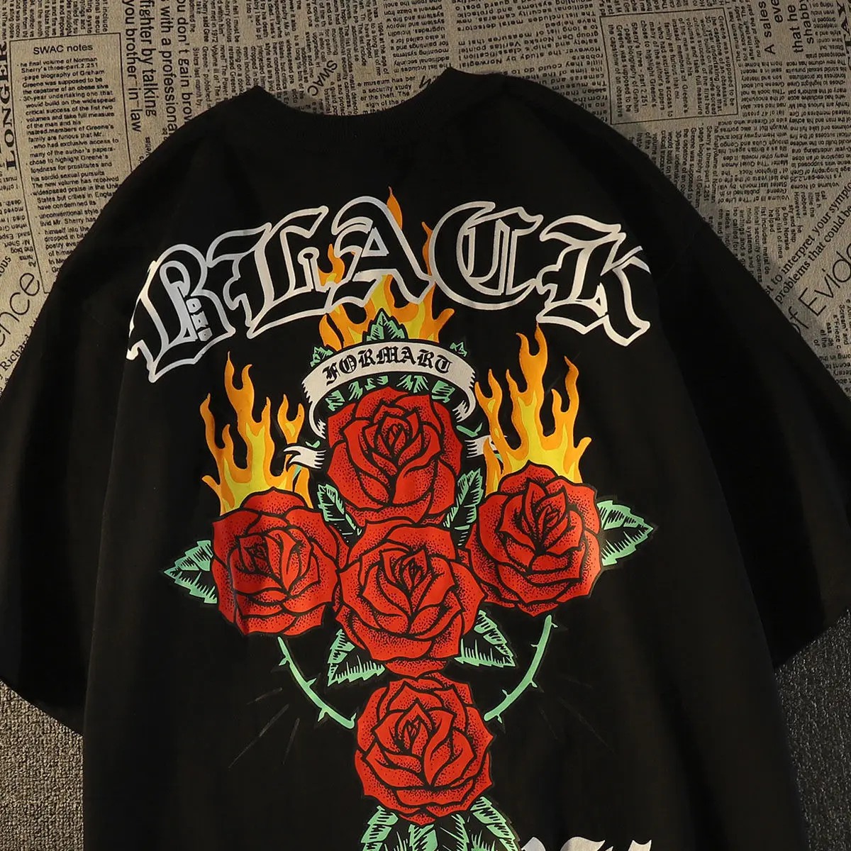 

Guochao American retro rose cross T-shirt men and women loose European and American couples outfit all-match half-sleeved top