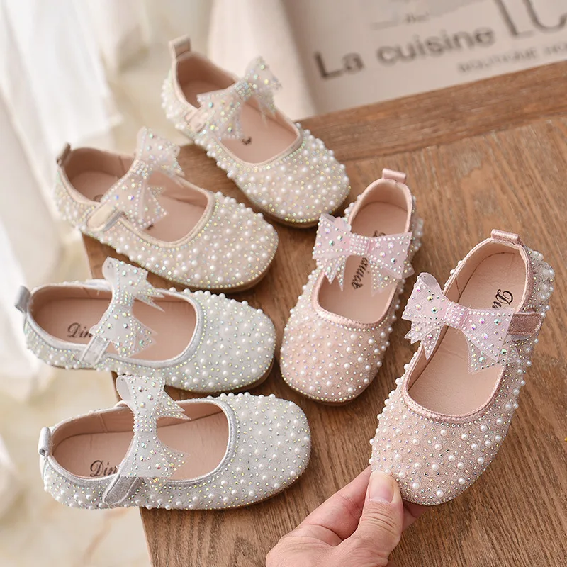 2023 New Girl's Princess Shoes Children's Fashion Bow Rhinestone Sequin Kids Shoe Baby Girls Party Student Flat Leather Shoes 2