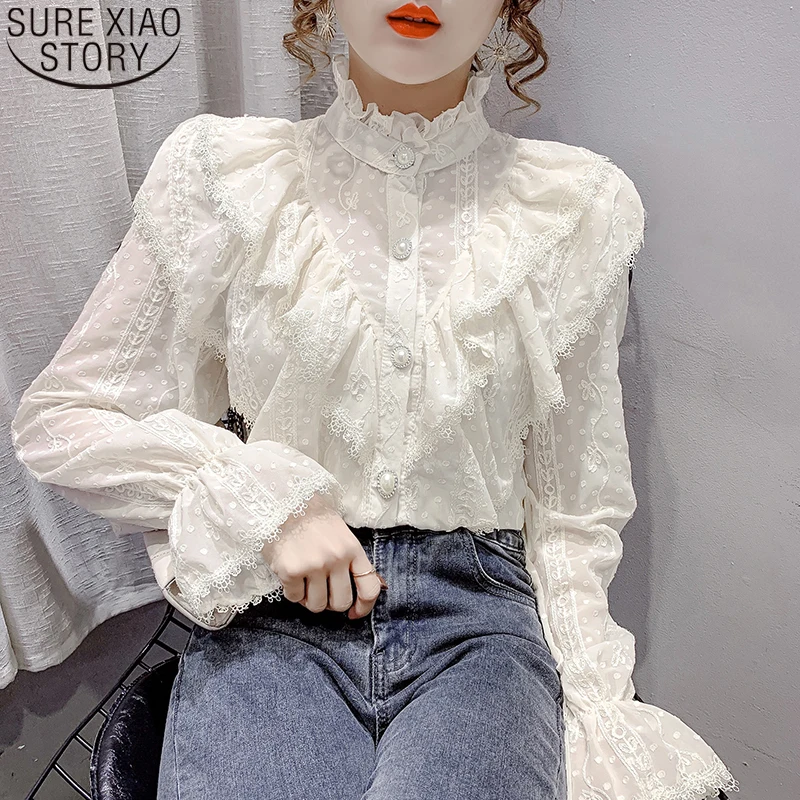New Women's Lace Flared Long Sleeve Shirt Stylish Elegant Stand-Up Neck Cardigan Button Single-breasted Casual Top Blusas 15832