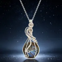 Labradorite arc-en-ciel pierre de lune pendentif en pierre précieuse fil de cuivre enveloppé Labradorite bijoux Labradorite collier avec chaîne et boîte 1
