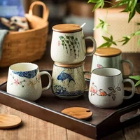 350ml Japanese Retro Ceramic Coffee Mug With Lid And Spoon Milk Breakfast Cups Home Heat-resistant Teacup Tumbler Water Mug Gift 2