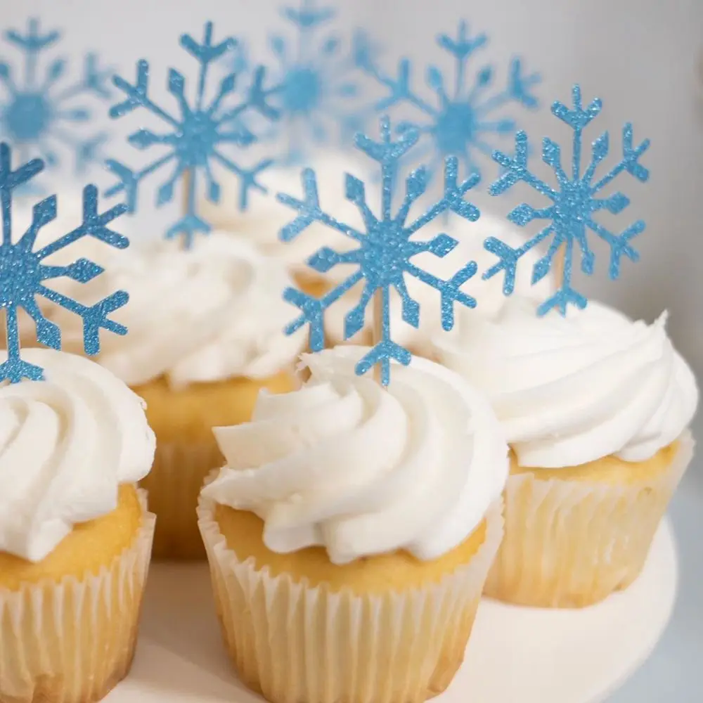 Snowflake Cupcake Topper With Blue Bow Cake Decoration For Winter Wonderland Themed Baby Shower Party Supplies, Snowflake Food Pick - Set Of 24 (blue