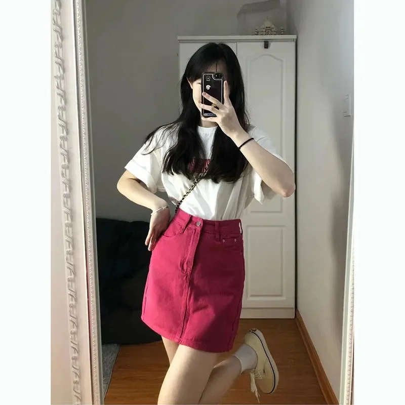 Rose Red Denim A Line Skirt for Women Autumn Party