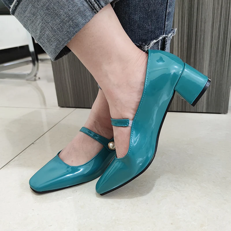 Rimocy Patent Leather Square Heels Pumps Women Pearl Square Toe Med Heel Office Shoes Woman Elegant Slip on Mary Janes Ladies