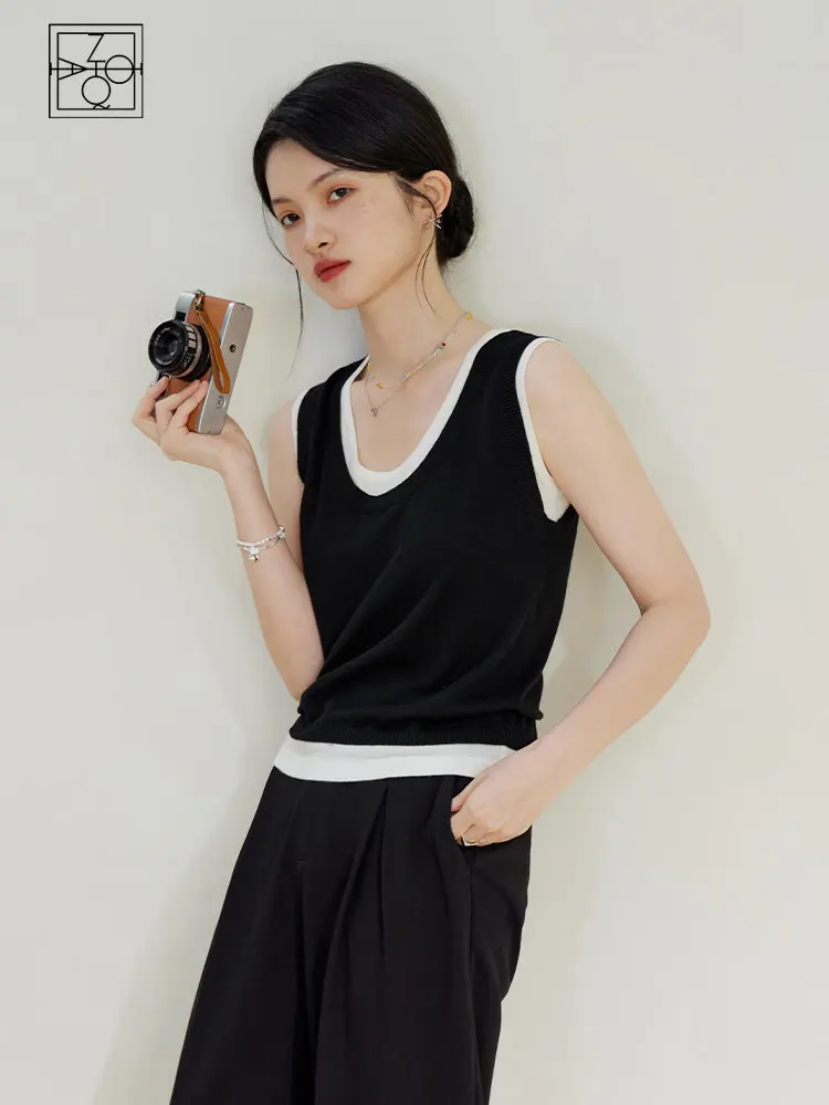 

ZIQIAO Fake Two-piece U-neck Knitted Camisole for Women Summer Chic Loose Outerwear Top Black White Color Matching Tanks Female