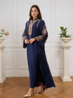 2025 Dubai New Inspired Blue Muslim Abaya Colorful Rope Embroidery on Neckline Sleeves for Women Middle Eastern Cultural Events