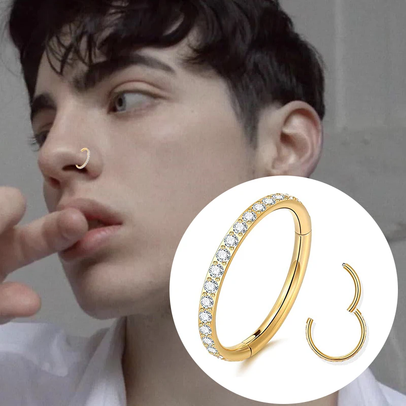 Piercing Jewelry Stainless Steel Hinged Segment Hoop CZ Stone Nose Ring Nipple Clicker Ear Cartilage Tragus Helix Lip Earring Piercing Jewelry