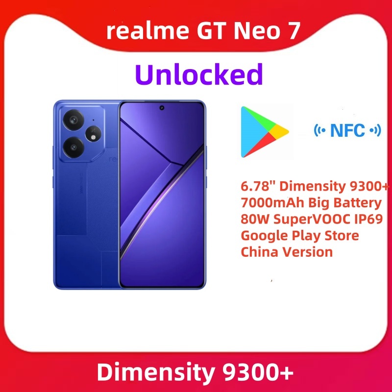 Original Realme GT Neo7 Dimensity 9300+ 5G 6.78 Inches 120HZ 80W SuperVooc 7000mah NFC 50Mp OTA Google Play IP69 Realme ui 6.0