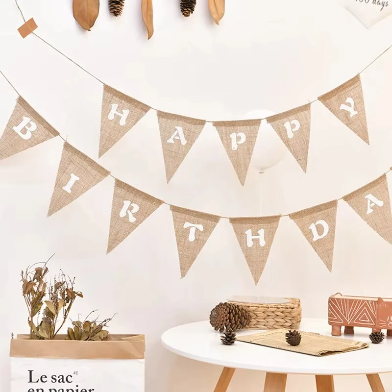 Vintage Jute Hessian Burlap Banner 13 Flags Happy Birthday Party Photography Props Celebration Party Decoration Banner birthday banner party decorations