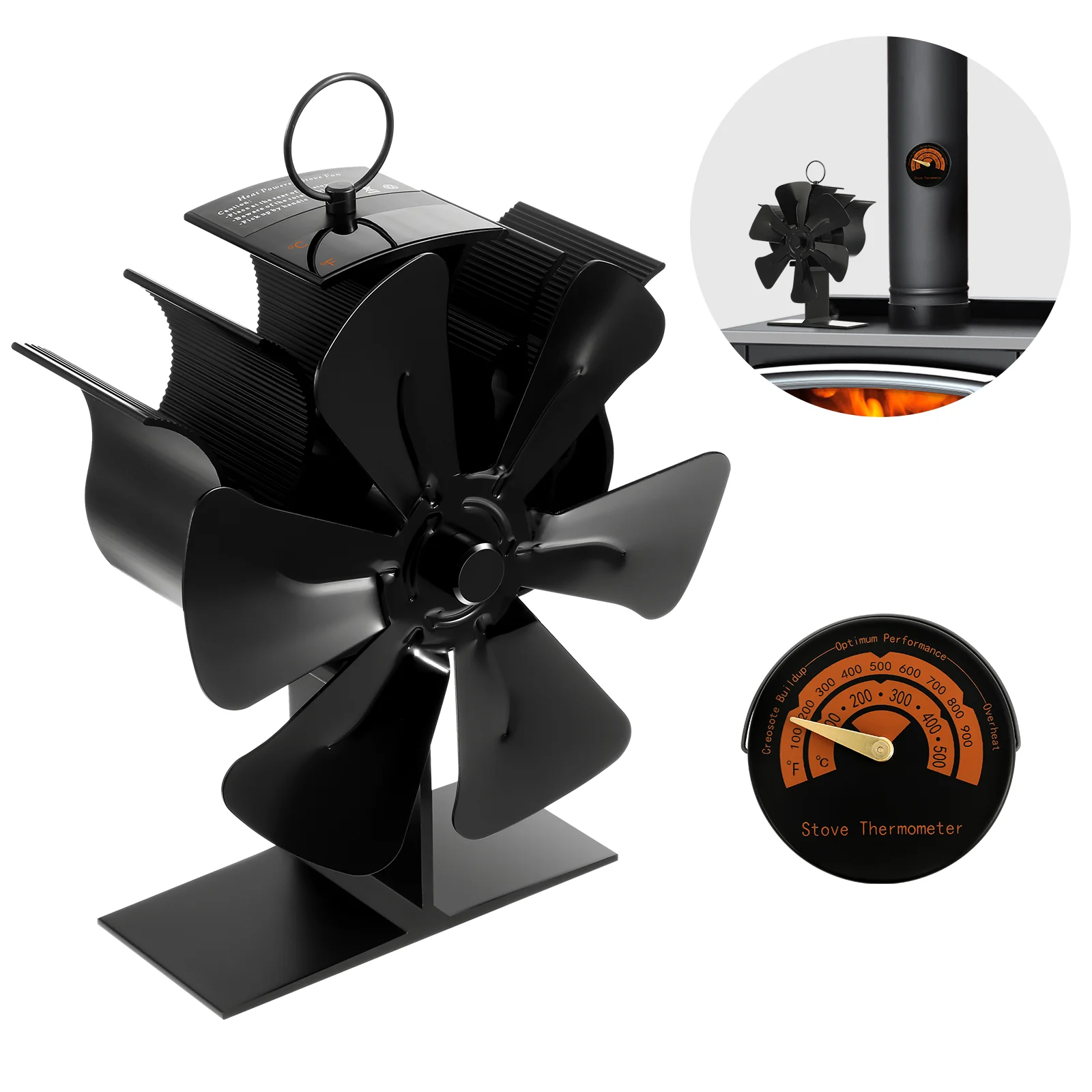 

2 Pcs Fireplace Fan Thermometer Blower Non Electric Wood Stove Accessories Burning Aluminum Fans