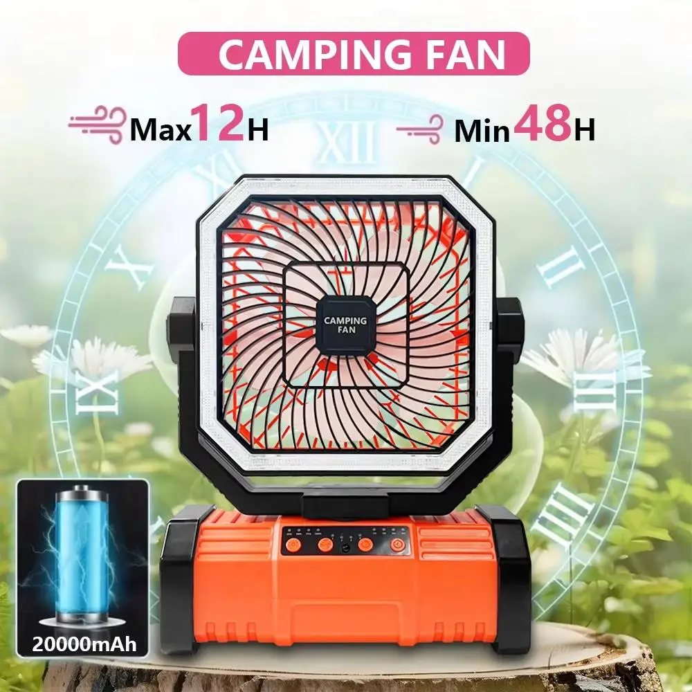 캠핑 팬 20000mAh 배터리 구동 팬 LED 조명 포함 충전식 휴대용 야외 텐트 팬 걸이형 후크 포함