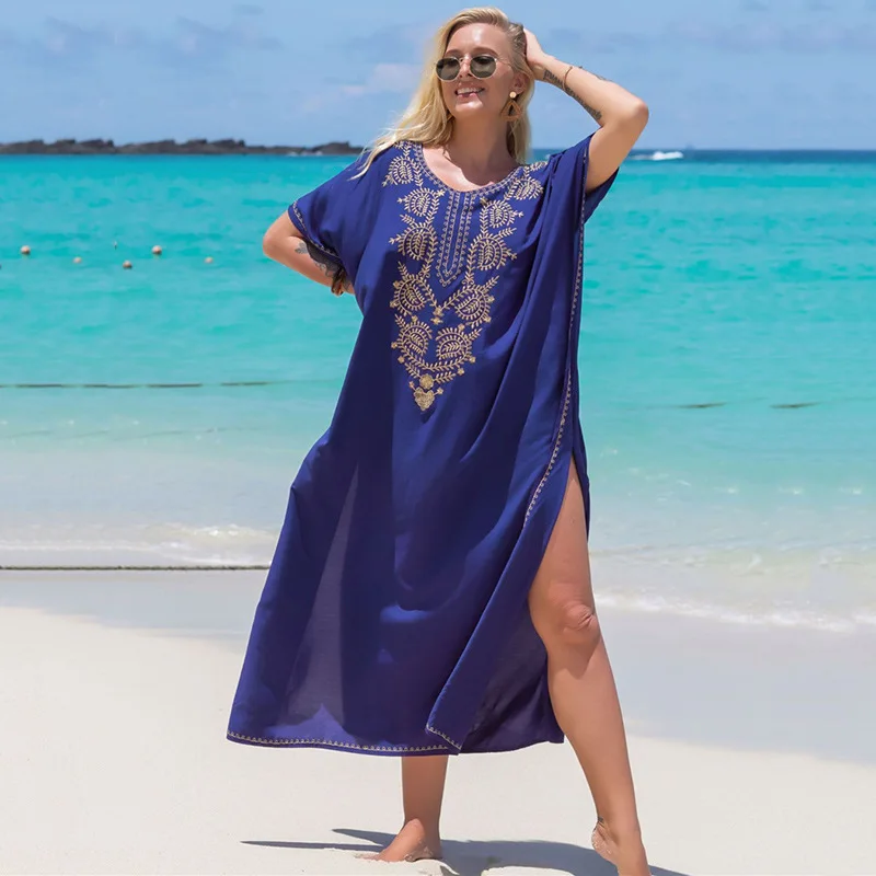 Embroidery Loose Beach Cover Up Saida De Praia Swimsuit Women Bikini Cover Up Tunics for Beach Pareo Sarong Beachwear