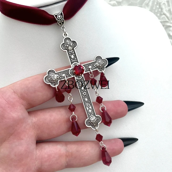 Cross Choker Large Red Goth Gothic Cross Velvet Red Velvet Choker