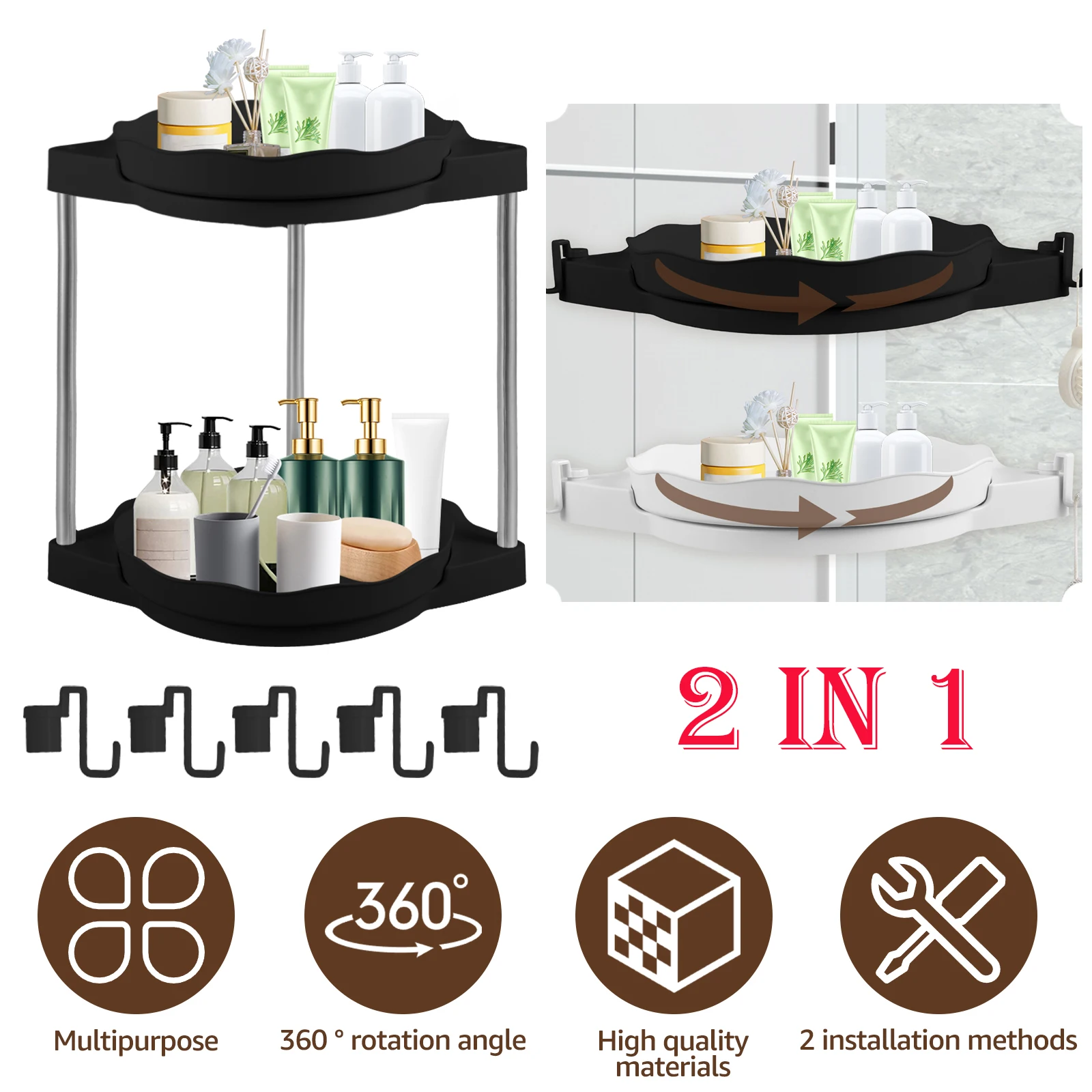 360 ° 회전 욕실 선반, 드릴링 불필요 벽걸이 코너 게으른 샤워 정리함, 욕조 주방 보관 랙 후크 포함, 2 개 