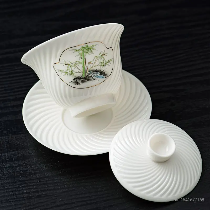 Creative White Porcelain Hovering Three Talent Covered Bowl Spiral Pattern Sheepskin Jade Porcelain Chinese Kung Fu Tea Set, 1Pc