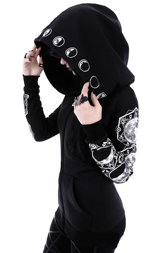 

Women Casual Hoodies Punk Gothic Hoodie Sweatshirt Witch Moon Girls Black Long Sleeve Goth Oversized Zipper Clothes Plus Size