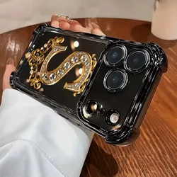 Luxurious Diamond & Gold S - Pattern Electroplated Phone Case - Shockproof Soft Cover - iPhone 15 Plus (Black)